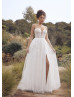 Strapless Ivory Lace Tulle Slit Classic Wedding Dress